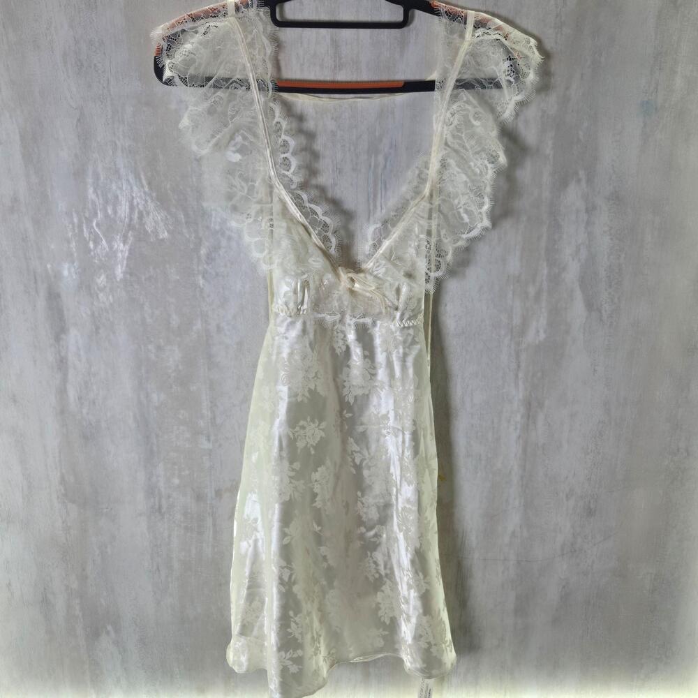 For Love & Lemons Gown Womens XS White Satin Lace Floral Chemise Slip Dress